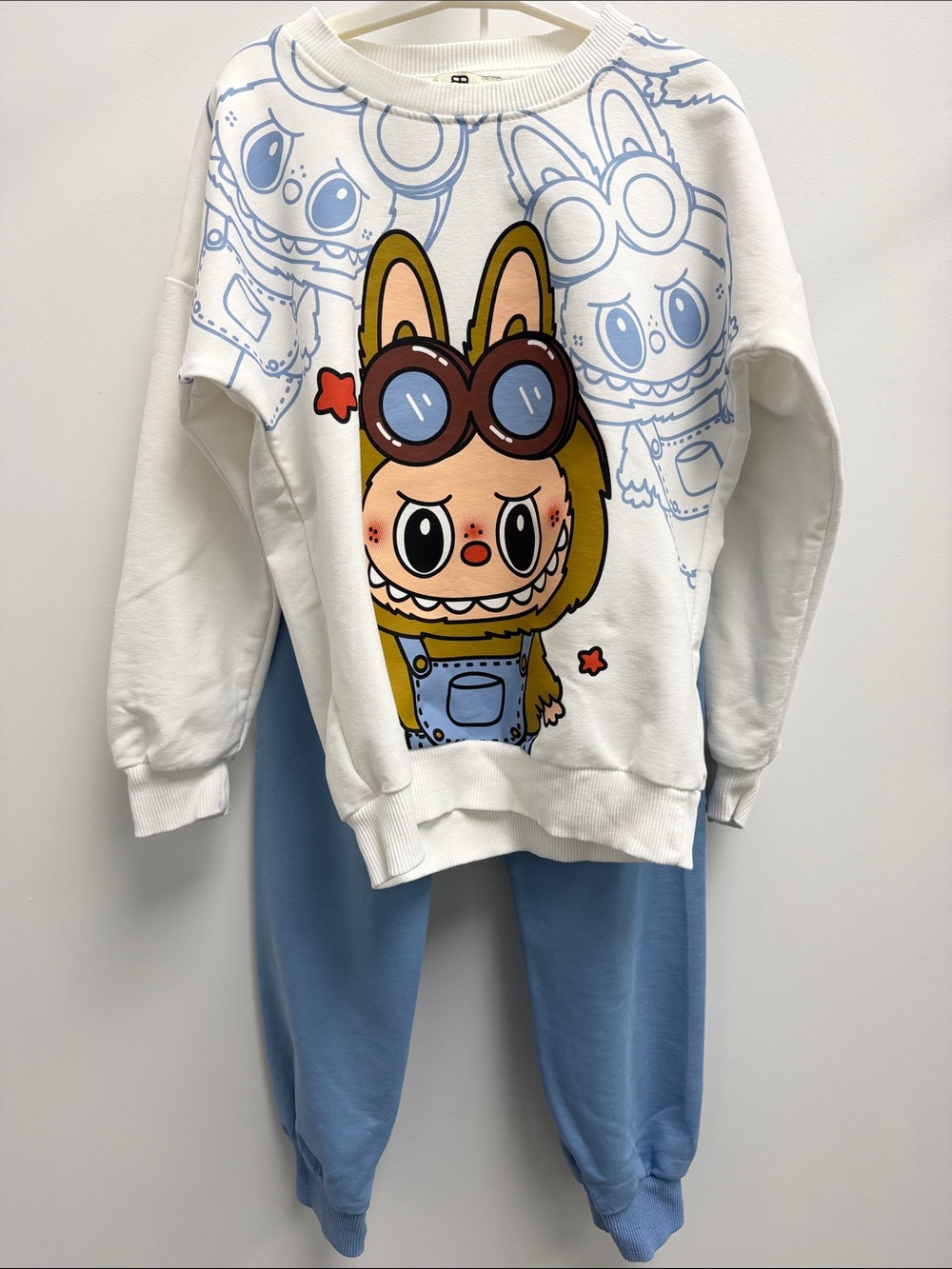 Kids Labubu White Graphic Sweatshirt and Blue Joggers Set